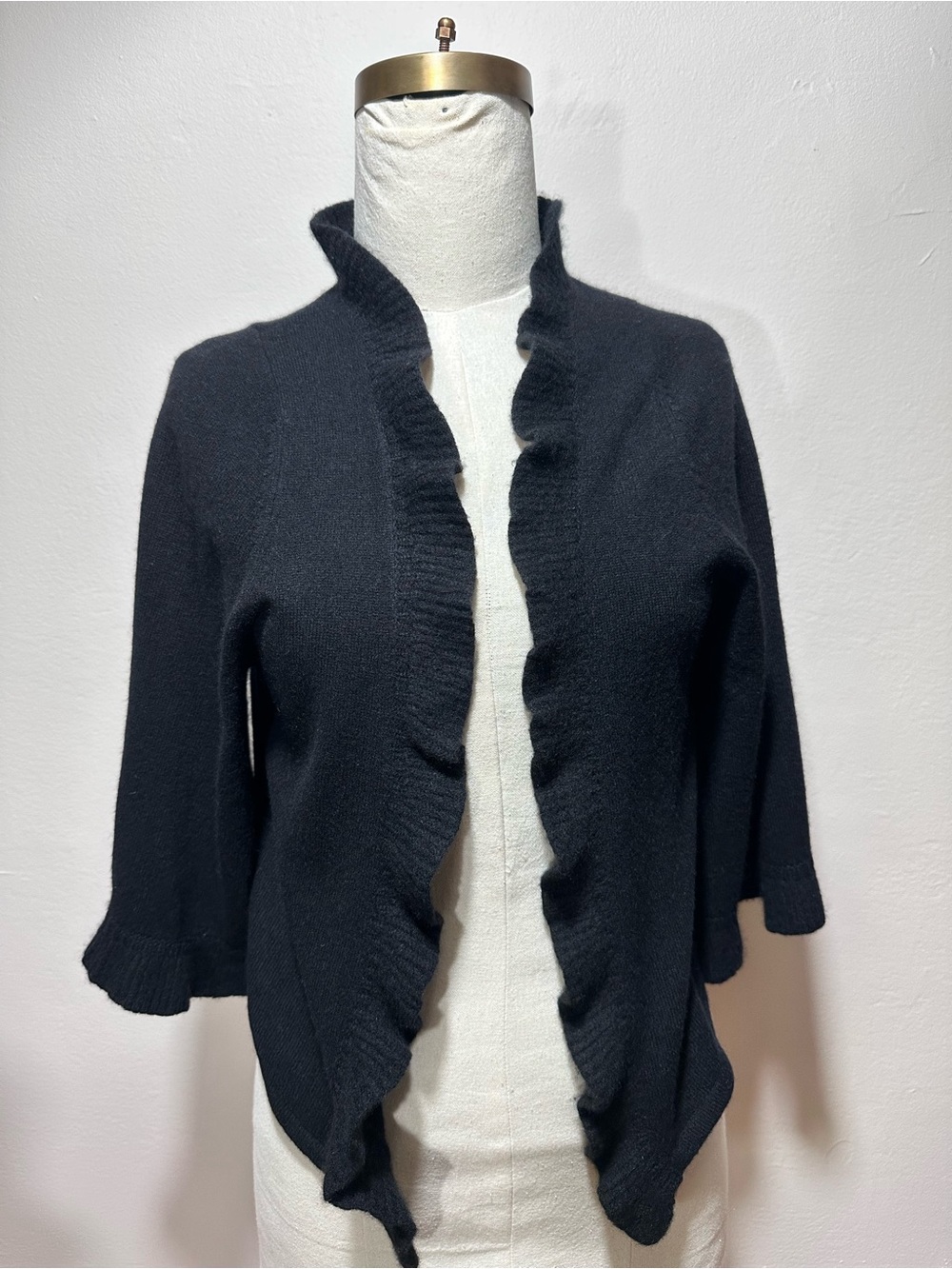 White and Warren Cashmere Ruffle-Trim Black Sweater Cardigan for Women